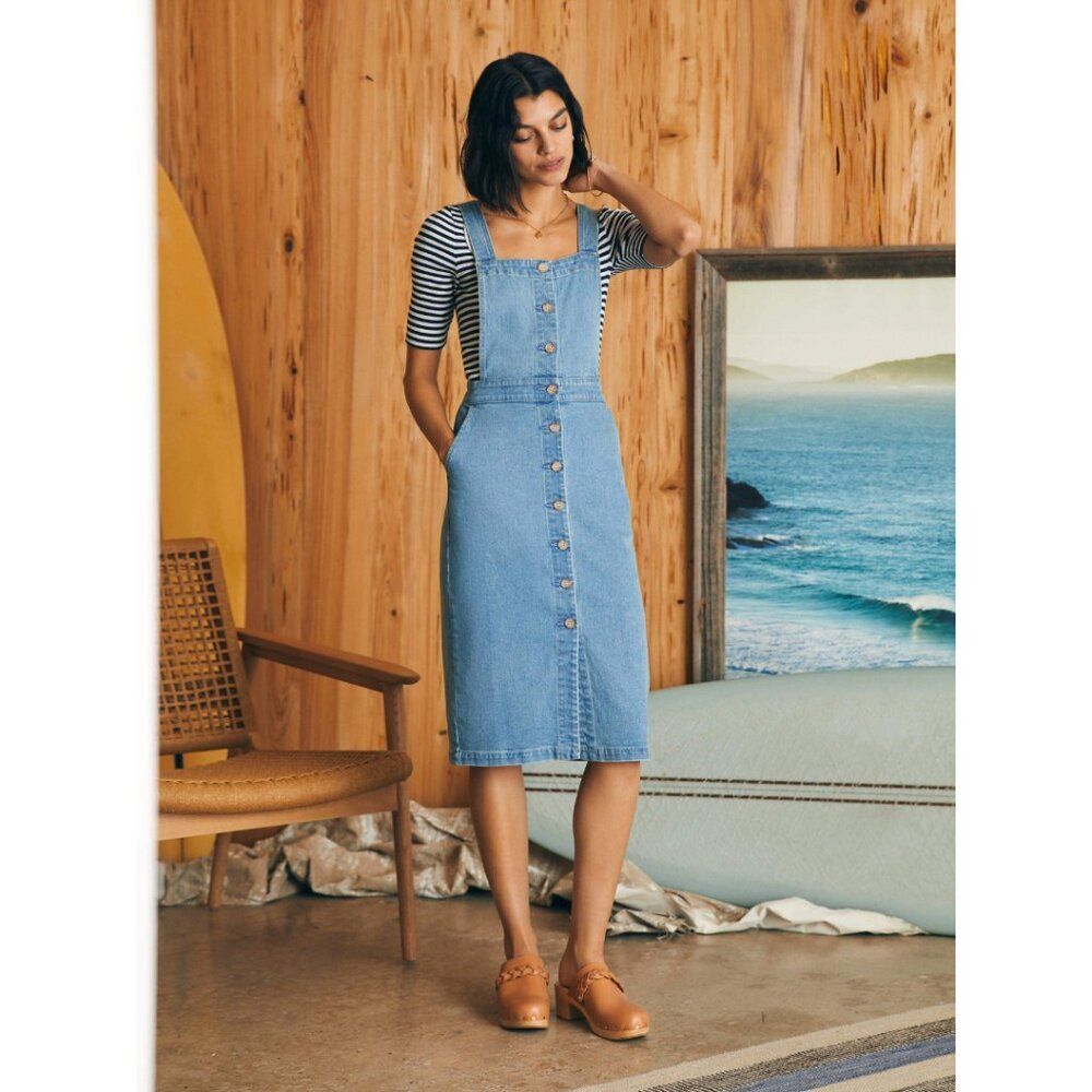Faherty Organic Cotton Denim Remi Midi Pinafore Dress Hanalei Wash NWT Size 10